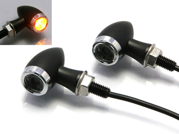 High Quality Matt Black & Chrome Mini LED Motorbike Custom Retro Indicators