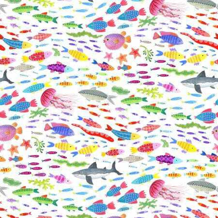 P & B Textiles Fabric - Deep Blue Sea - Fish Multi on White DO NOT