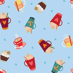 Benartex Fabric - Cozy Drinks Sky Blue
