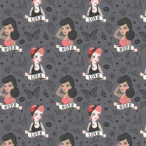 Camelot Fabric - Tattoo Parlour Tattoo Girls - Charcoal