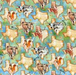 QT Fabric - Longhorns/Texas Map - Green
