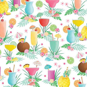 Benartex Fabric - Flamingal Pals - Tropical Drinks - White