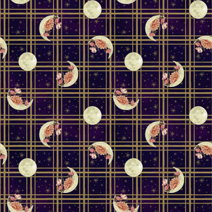 Blank Quilting Fabric - Midnight Rendezvous || Moons with Flowers on Plaid
