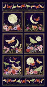 Blank Quilting Fabric - Midnight Rendezvous || Moths with Flower and Moons Panel