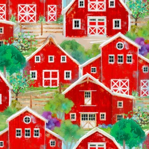 Back To The Farm Packed Barns Red - 3 Wishes Fabrics 23046-RED