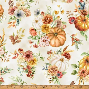 Harvest Bouquet Pumpkins and Flowers Natural - Hoffman Fabrics X5542-20-Natural