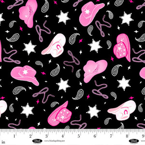 Blank Quilting Fabric - Saddle Up To The Disco - Black Cowgirl Hats #4375-99