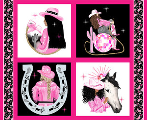 Blank Quilting Fabric - Saddle Up To The Disco - Pink Block Panel 36 Inch repeat #4379p-22