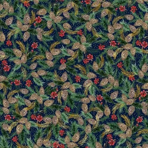P&B Fabric - Joyful Packed Pinecone Sprigs Navy #JOYF5890-N