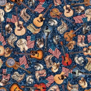 QT Fabrics - American Country - Guitars - Navy #31993-n