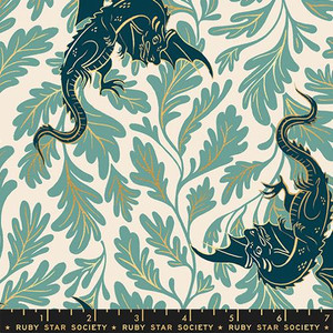 Moda Fabrics - Fireglow - Dragons - Metallic Watercress #rs2132-13m