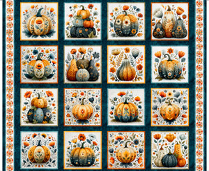 QT Fabrics - Harvest Hollow - Decorative Pumpkin Picture Patches - Dark Teal #31984-q