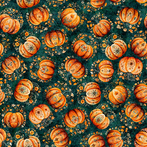QT Fabrics - Harvest Hollow - Tossed Pumpkins - Teal #31985-q