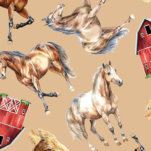 Benartex Fabric - Green Acres - Horse Farm - Tan #15343-71