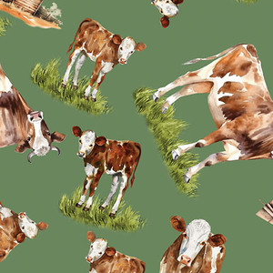 Benartex Fabric - Green Acres - Cows in the Meadow - Green #15345-44
