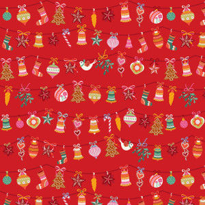 Thread & Ink Designs - Deck The Halls - Garlands #tiddeck1064 - playful Christmas ornaments strung on red. A whimsical focal print for holiday quilting.