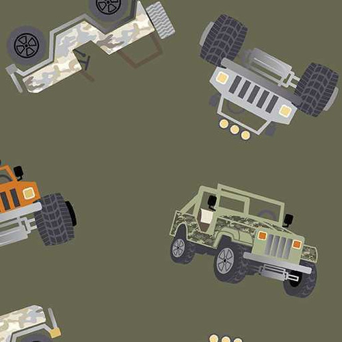 Benartex Fabric - Adventure Vehicle Army Green