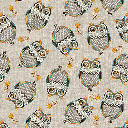  Benartex Fabric - Hello Fall Tossed Owls Taupe 