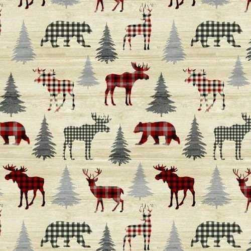 Benartex Fabric - Plaid Woodland Animals Cream