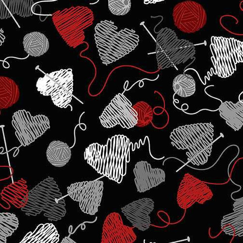  Benartex Fabric - Yarn Balls n' Hearts Black 