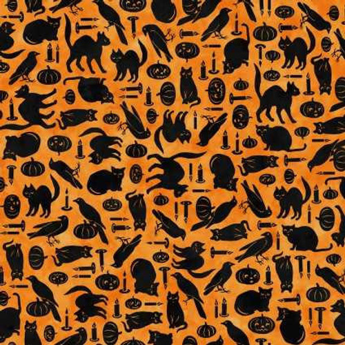  Maywood Studio Fabric - Spooky Hallow - Cats & Crows Orange 