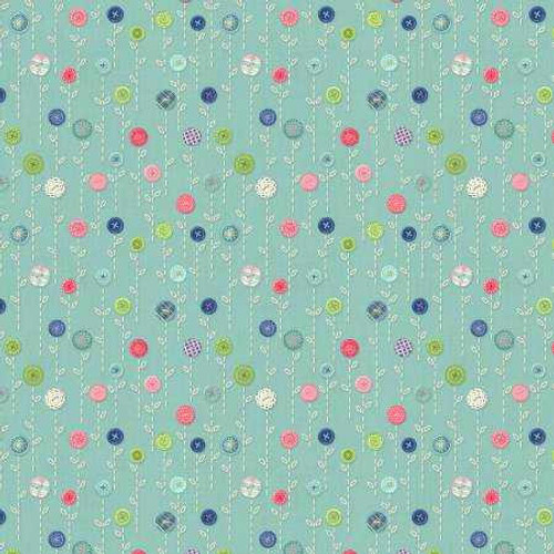  Wilmington Prints Fabric - Sew Little Time Button Flowers - Teal 