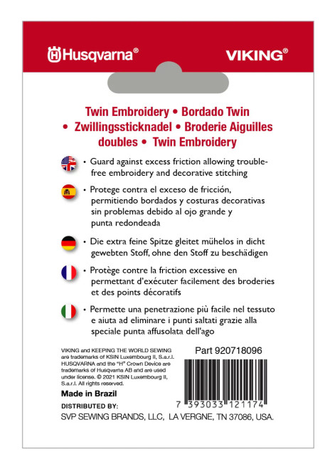 Husqvarna HV TWIN EMBROIDERY NEEDLE 2.0MM SIZE 75/11, 1-PACK #920718096