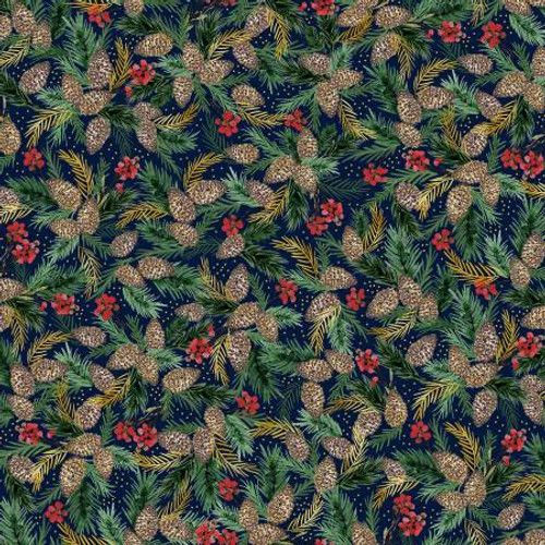 P&B Fabric - Joyful Packed Pinecone Sprigs Navy #JOYF5890-N