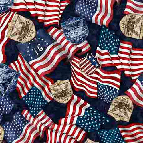 QT Fabrics - 1776 - American Flags & 250 Crest Navy #31662-n