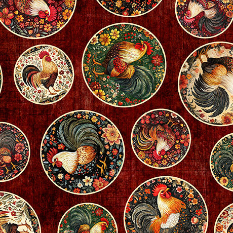 QT Fabrics - Rule The Roost - Rooster Medallions - Wine #31499-m