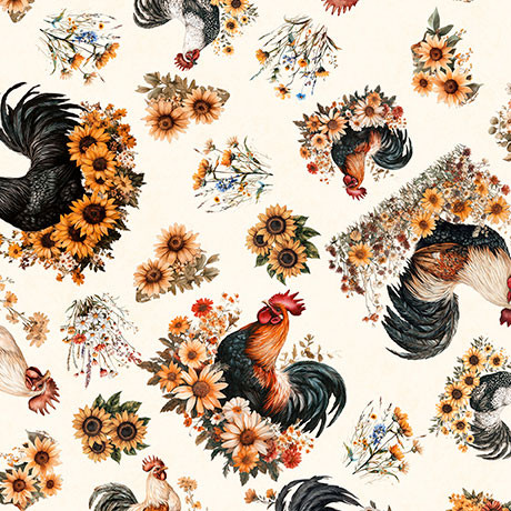 QT Fabrics - Rule The Roost - Tossed Roosters & Flowers - Cream #31500-e