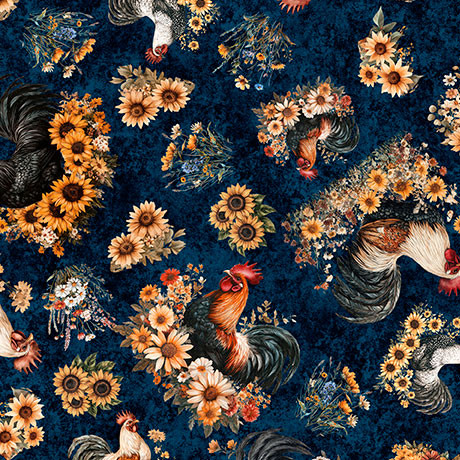 QT Fabrics - Rule The Roost - Tossed Roosters & Flowers - Dark Navy #31500-n