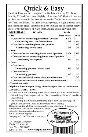 Quick & Easy Tee, Tunic, Dress Pattern (PATTERN-CNT2801)