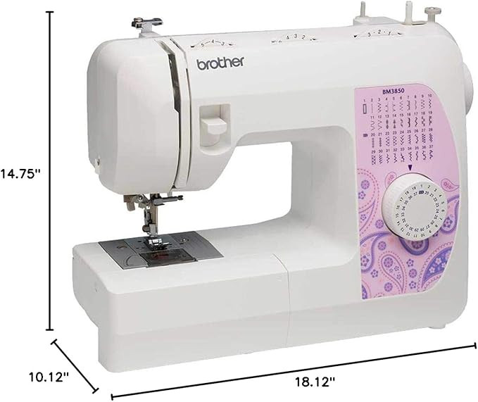 Brother BM3850 Sewing Machine with Wide Extension Table angled view with measurements