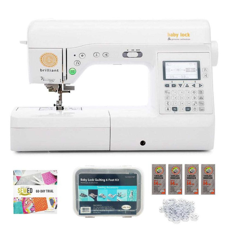 Baby Lock Brilliant BL220B Sewing Machine with extra needles, bobbins and presser feet for quilting. 