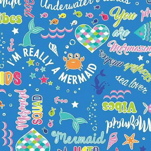Benartex Fabric - Mystical Mermaid Words Blue