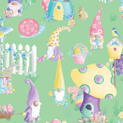 Benartex Fabric - Gnome Garden Party Green