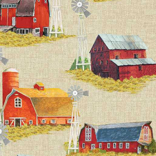 Benartex Fabric - Barnyard Barns Natural