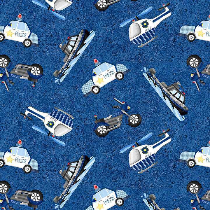 Blank Quilting Fabric - Everyday Heroes - Police Vehicles Blue