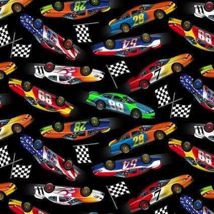 Elizabeth's Studio Fabric - In Motion - Racecar Toss Black