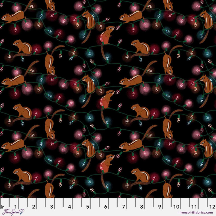 Free Spirit Fabric - Chipmunk and Lights - Black || Woodland Holiday