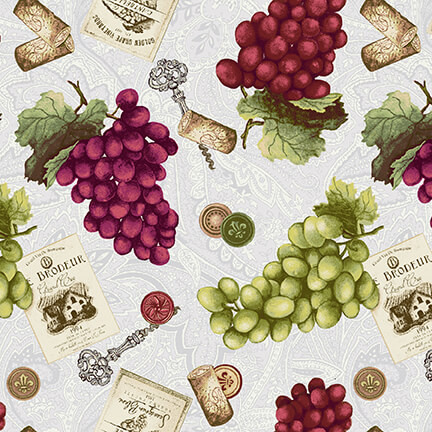Henry Glass Fabric - After Five- Tossed Grapes Gray