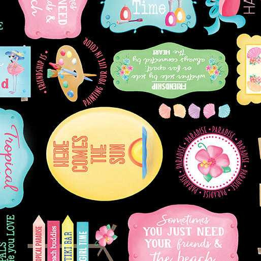 Benartex Fabric - Flamingal Pals - Sun-Time Words - Black