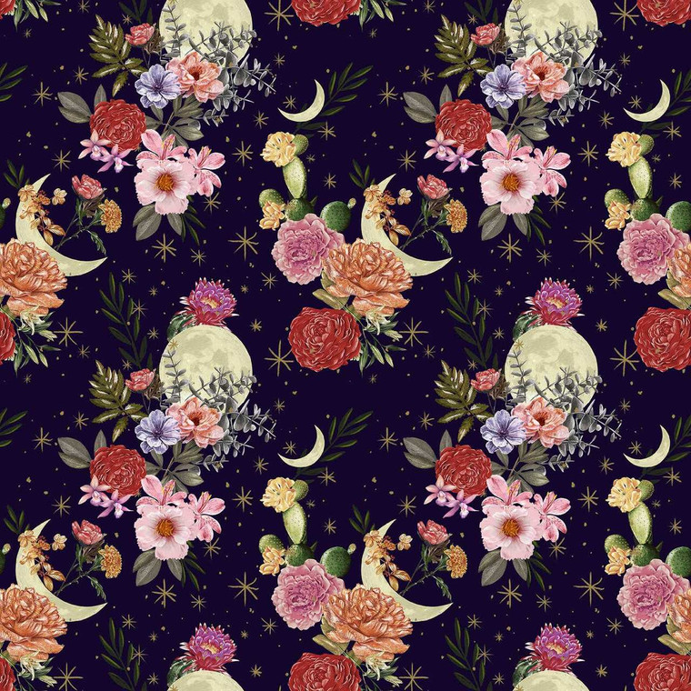 Blank Quilting Fabric - Midnight Rendezvous || Moons with Flowers and Cactus