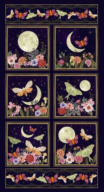 Blank Quilting Fabric - Midnight Rendezvous || Moths with Flower and Moons Panel