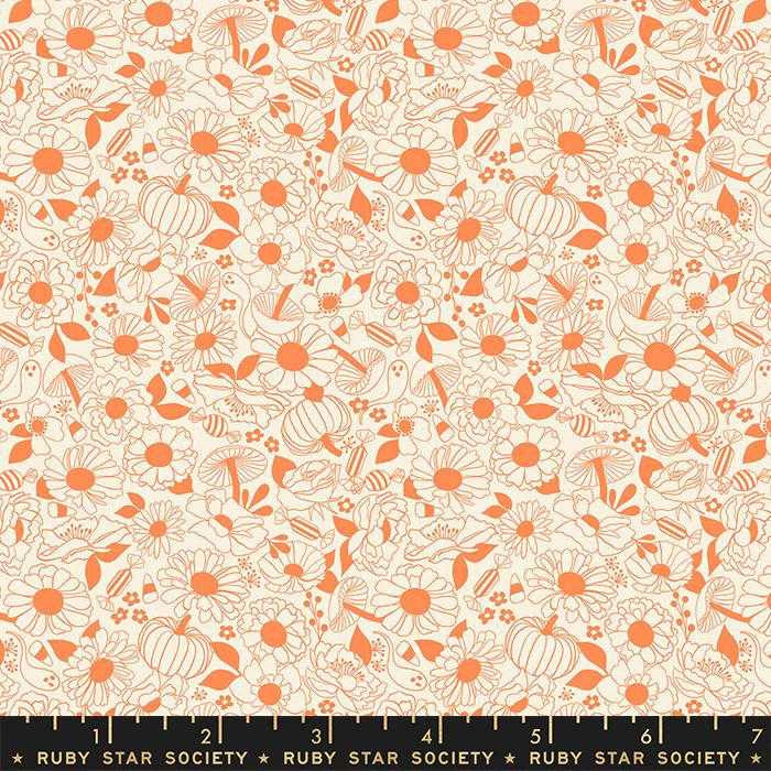 Ruby Star Society Fabric - Tiny Frights - Floral Neon - Pumpkin