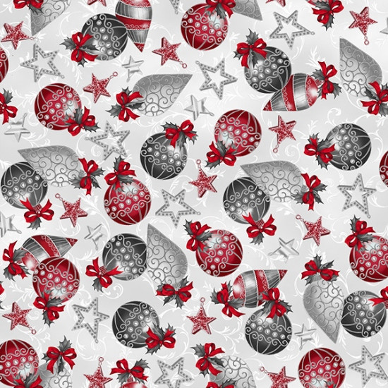Holiday Elegance Ornaments Ice Silver Metallic - Hoffman Fabric