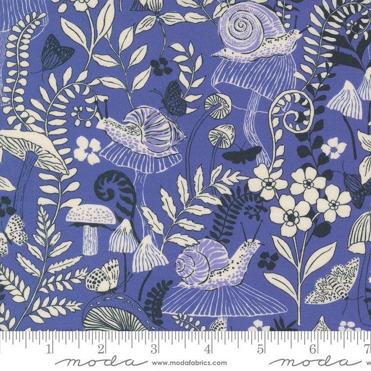 Maeve Mushrooms Snails Butterfly Flower Mushroom Moths Periwinkle - Moda Fabrics