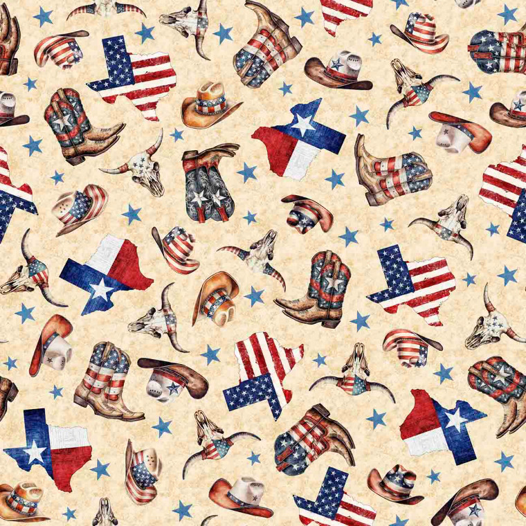 All Texas Shop Hop 2025 - Patriotic Texas Icons Oatmeal - QT Fabrics