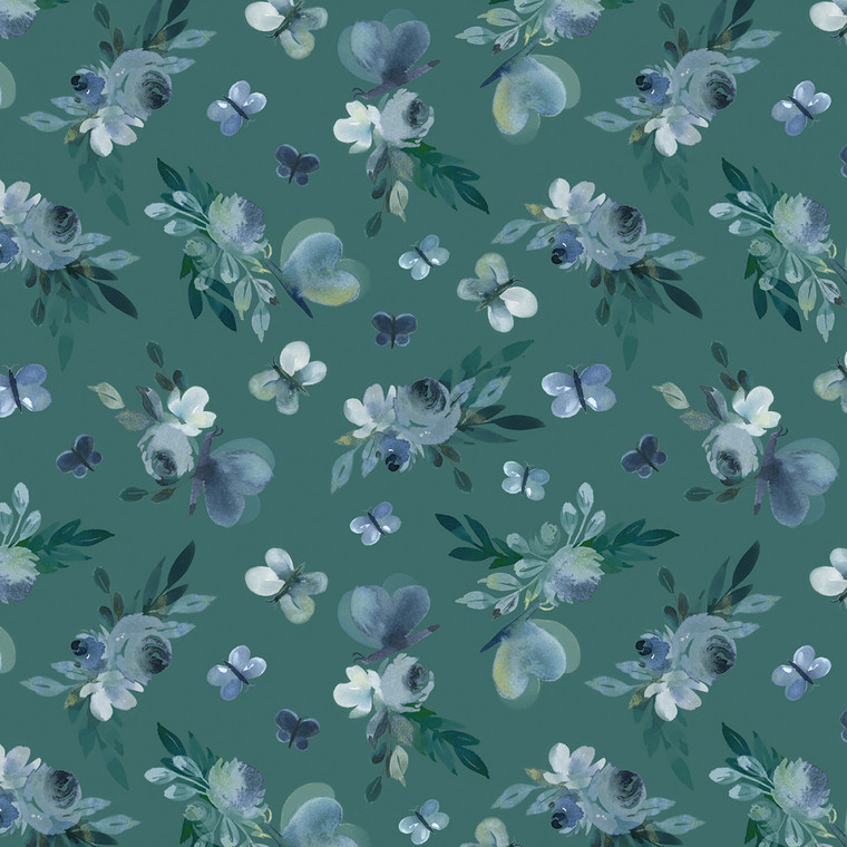 Enchanted Florals Enchanted Butterfly Garden Dark Teal - Benartex Fabric